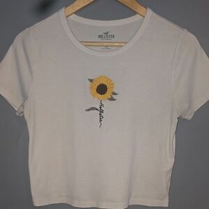 Hollister White Tee with Sunflower Embroidery